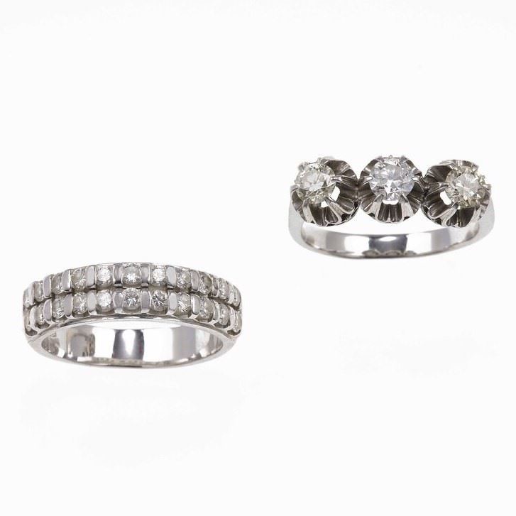 Anello con tre diamanti di vecchio taglio e anello con diamanti taglio brillante  - Asta Gioielli - Cambi Casa d'Aste
