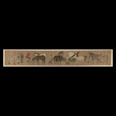 Dipinto su Seta Raffigurante Cavalli con Personaggi, nei Modi di Zhao Mangfu, Cina, Dinastia Qing...