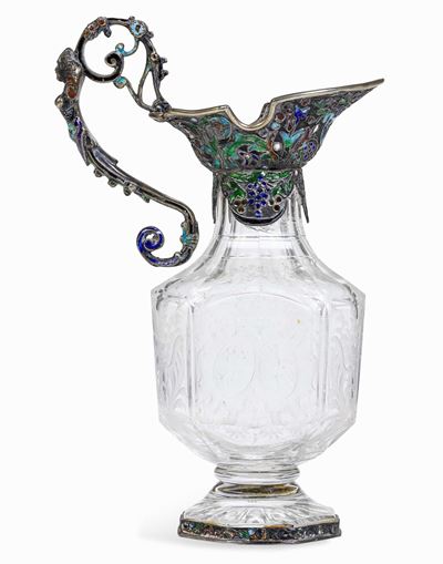 Brocchetta in Argento Smaltato e Cristallo di Rocca Inciso. Austria, Vienna (?), XIX Secolo