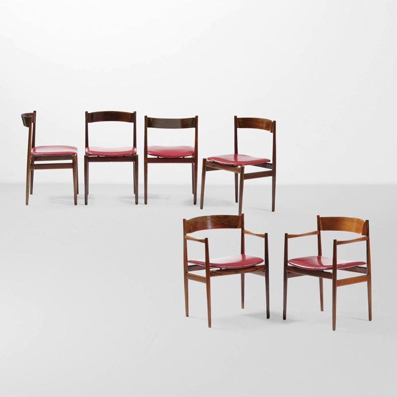 Gianfranco Frattini : Quattro sedie e due capotavola variante mod. 101  - Auction Design Lab - Cambi Casa d'Aste