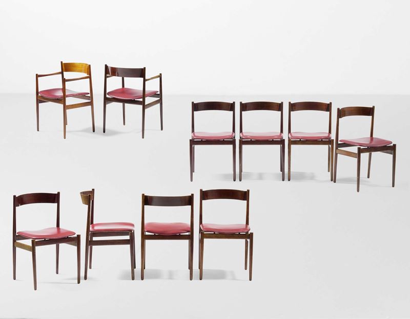 Gianfranco Frattini : Otto sedie e due capotavola variante mod. 101  - Auction Design - Cambi Casa d'Aste