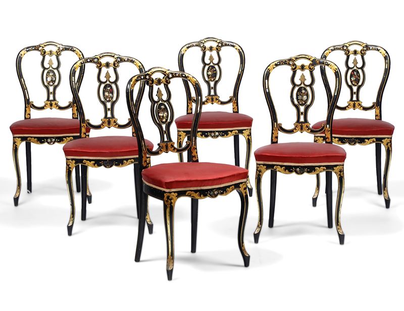 Sei sedie in legno ebanizzato e intarsiato  - Auction Antiques and paintings - Cambi Casa d'Aste