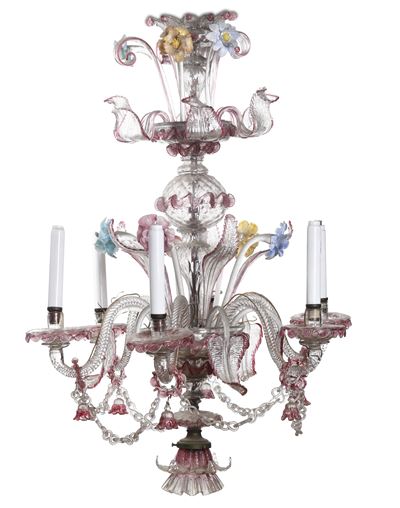 Lampadario in Vetro di Murano Policromo a Sei Braccia. XX Secolo