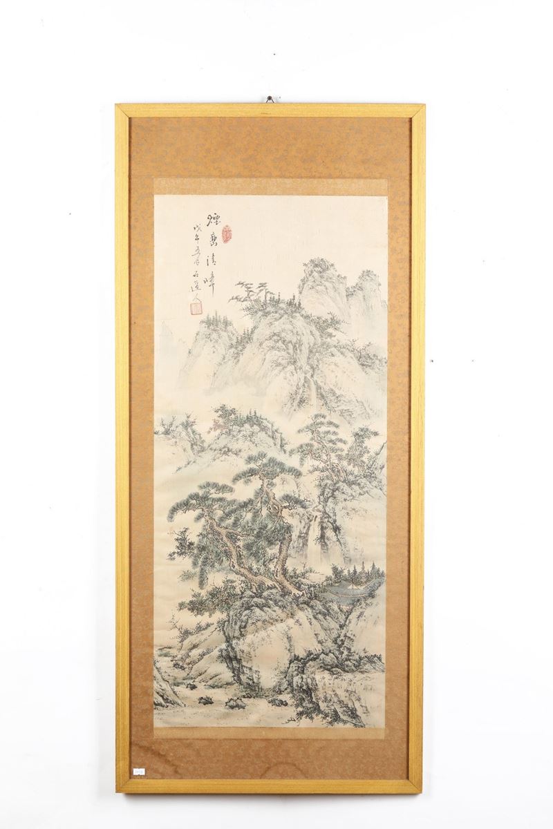 Dipinto su carta raffigurante paesaggio con iscrizione, Cina, Dinastia Qing, XIX secolo  - Auction Orietal Art - Cambi Casa d'Aste