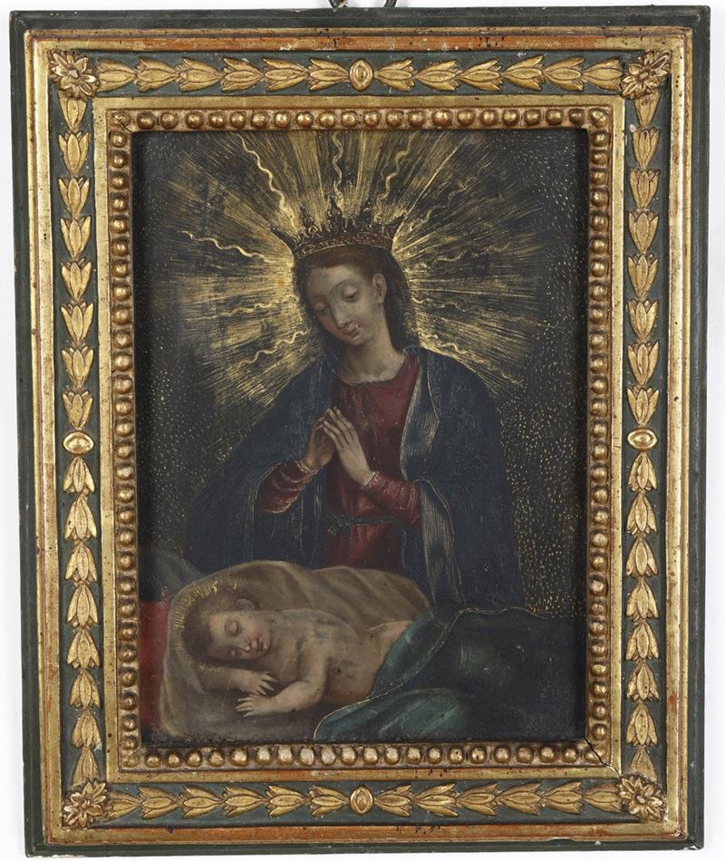 Scuola del XVII secolo Adorazione del Bambino  - olio su rame - Auction Old Masters - Cambi Casa d'Aste