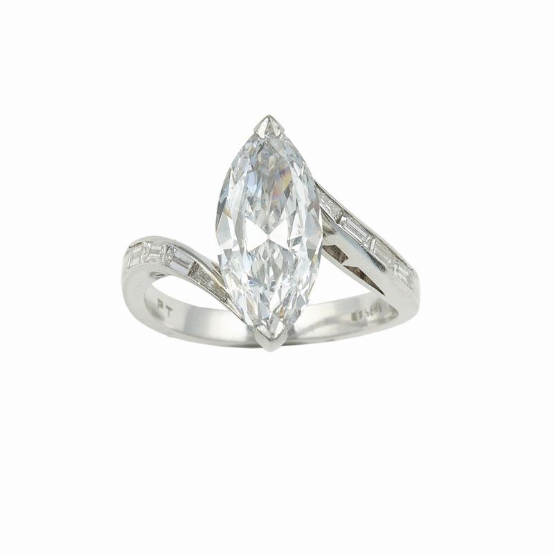Navette-cut diamond weighing 1.55 estimated and platinum ring  - Auction Fine Jewels - Cambi Casa d'Aste