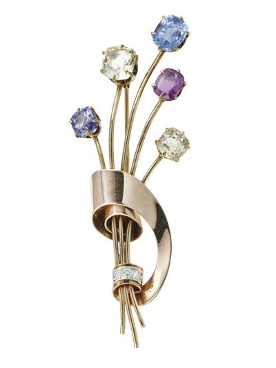 Tiffany, Spilla in oro giallo 14 kt con corindoni e piccoli diamanti