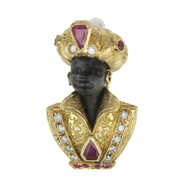 Synthetic ruby and diamond “moretto” gold brooch