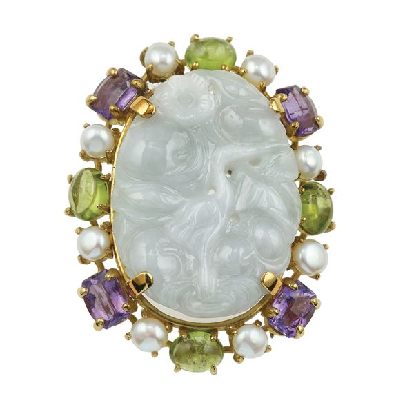 Jadeite, gem-set and gold brooch