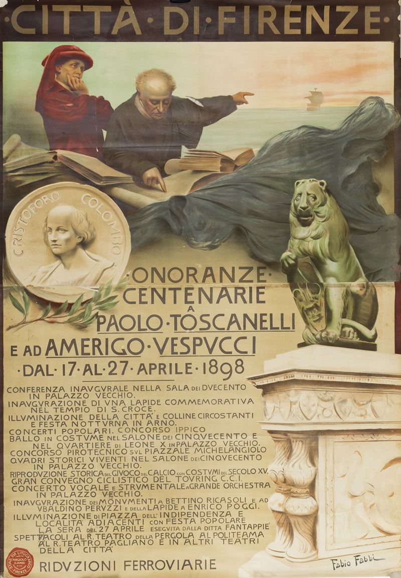 Fabio Fabbi : Onoranze Centenarie a Paolo Toscanelli 1898 - Città di Firenze  - Asta Manifesti d'Epoca - Cambi Casa d'Aste