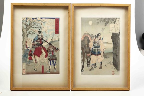 Due Xilografie raffiguranti cavalieri, Giappone, periodo Meiji (1868-1912)