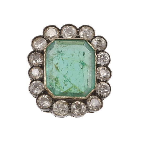 Two emerald, old-cut diamond, gold and silver rings