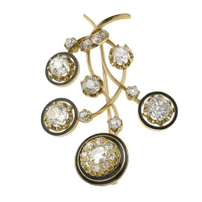 Spilla con diamanti di vecchio taglio e smalto, in oro giallo 750/1000