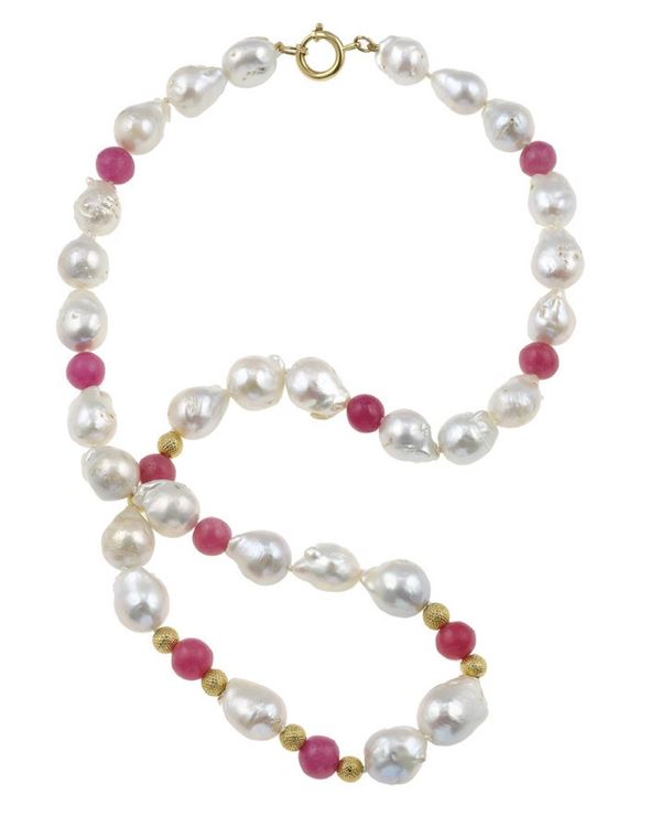 Baroque cultured pearl, ruby and gold necklace