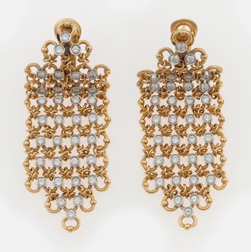 Pair of diamond and gold fringed pendant earrings