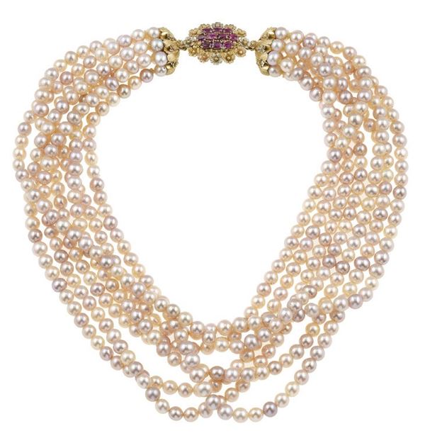 Gold, ruby and cultured pearl necklace