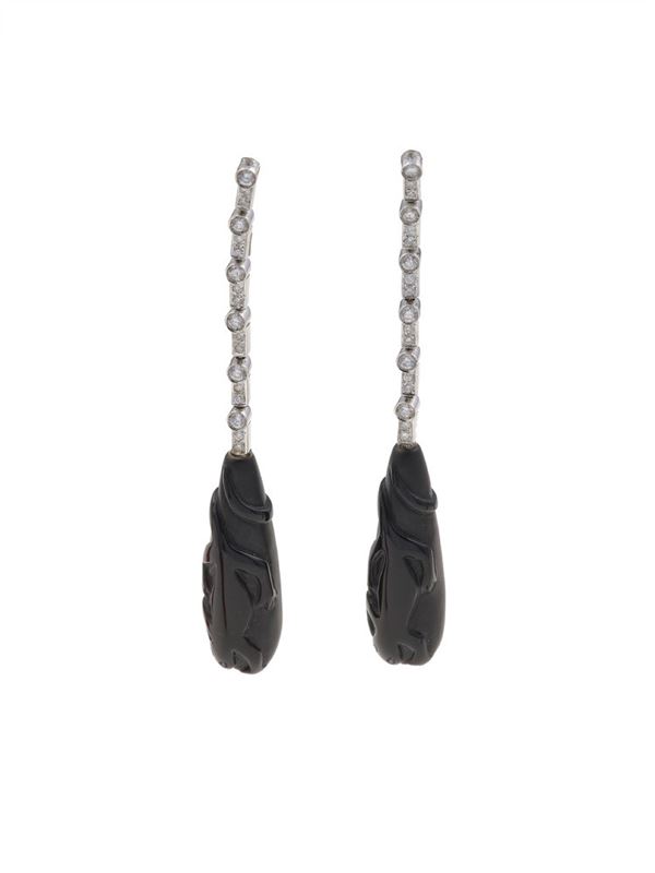 Pair of diamond, opaline glass and gold earrings 