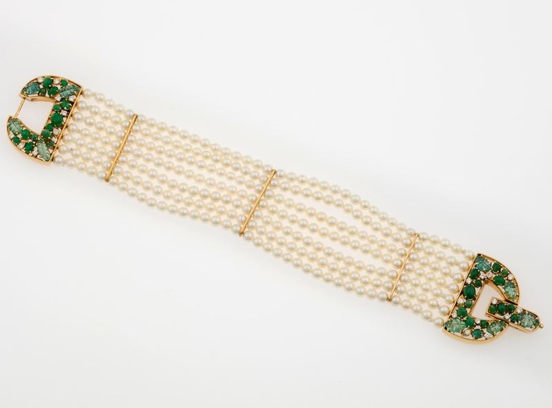 Cultured pearl, emerald and gold bracelet  - Auction Jewels - Cambi Casa d'Aste