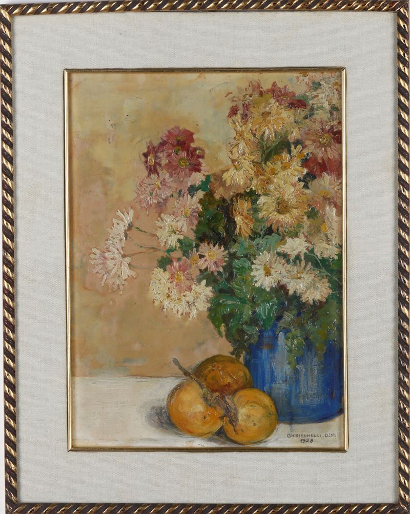 A Firma Ghirindelli Natura morta con fiori e frutta  - olio su cartone - Auction Painting of the XIX-XX century - Cambi Casa d'Aste