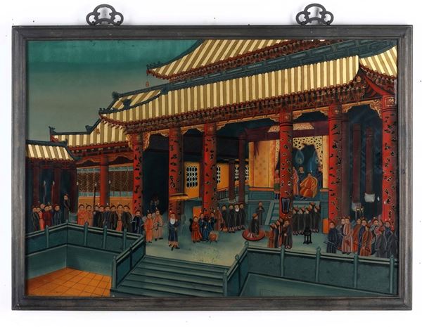 Dipinto su vetro a decoro di scena di vita corte, Cina, XX secolo