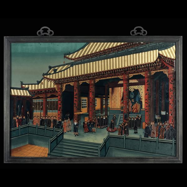 Dipinto su vetro a decoro di scene di vita comune, Cina, XX secolo