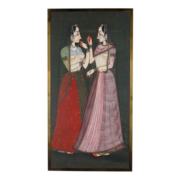 Dipinto su tela raffigurante fanciulle, India, XIX secolo