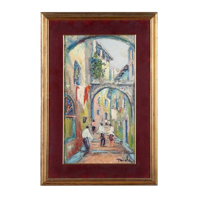Miola, Veduta di borgo, olio su cartone
