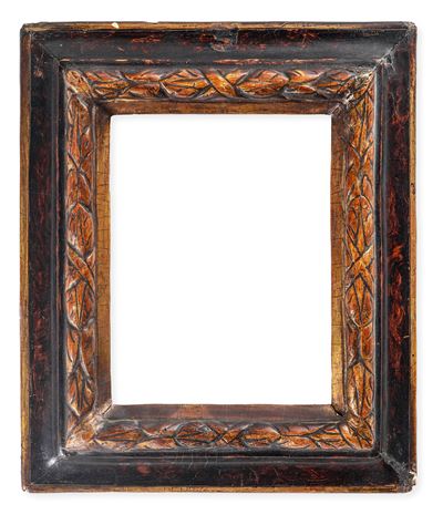 Piccola Cornice in Legno Scolpito, Dorato e Marmorizzato. Italia Centrale XVII Secolo