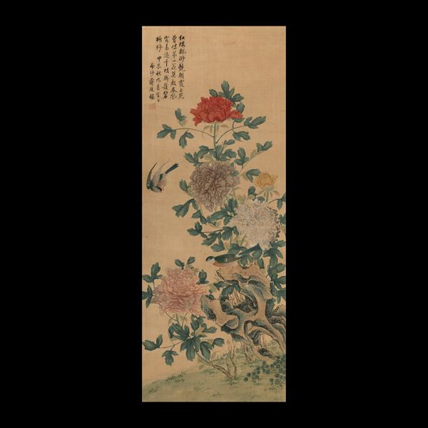 Scroll su carta a decoro di fiori e iscrizioni, Cina, XX secolo
