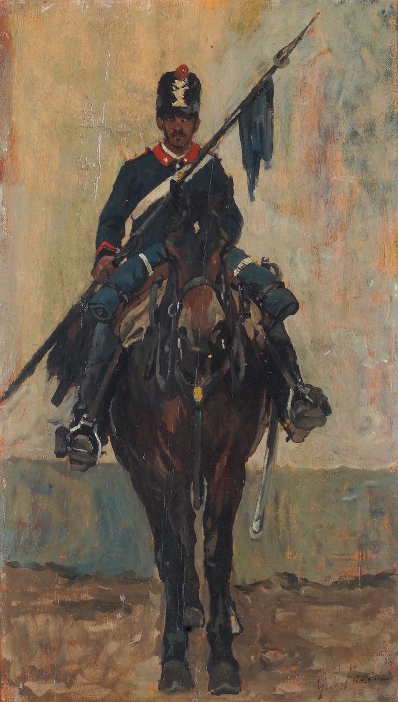 Giovanni Fattori : Soldato a cavallo  - olio su tavola - Asta Dipinti del XIX e XX secolo - Cambi Casa d'Aste