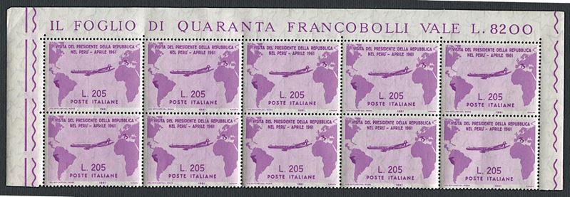 1961, "Gronchi rosa", blocco di 10 esemplari  - Asta Storia Postale e Filatelia - Cambi Casa d'Aste