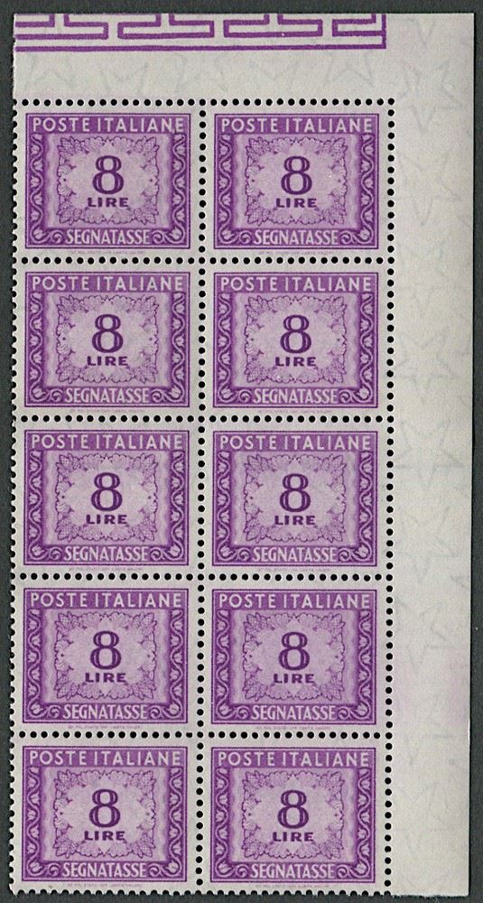 1955/1981, Repubblica italiana, Segnatasse, lire 8 lilla con filigrana "stelle" del primo tipo  - Asta Storia Postale e Filatelia - Cambi Casa d'Aste