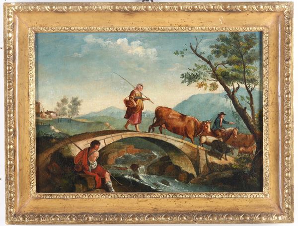 Scuola del XIX secolo Paesaggi con pastori e contadini
