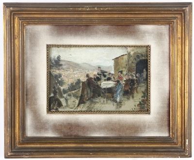 Bozzetto con Scena di Terrazza. Scuola Toscana, XIX-XX Secolo