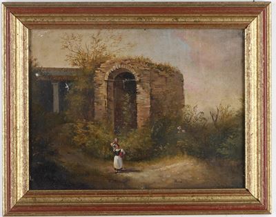 Scuola del XVIII-XIX Secolo Popolana su Sfondo di Rovine