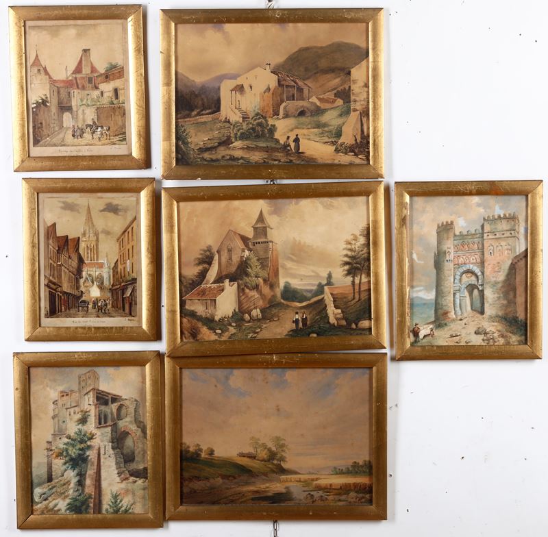 Lotto di sette acquerelli con scorci di città francesi firmati L. Mosca  - Auction Antiques and paintings - Cambi Casa d'Aste