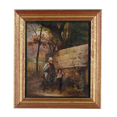 Pittore del XIX secolo, Viandanti in paesaggio campestre, tempera su carta