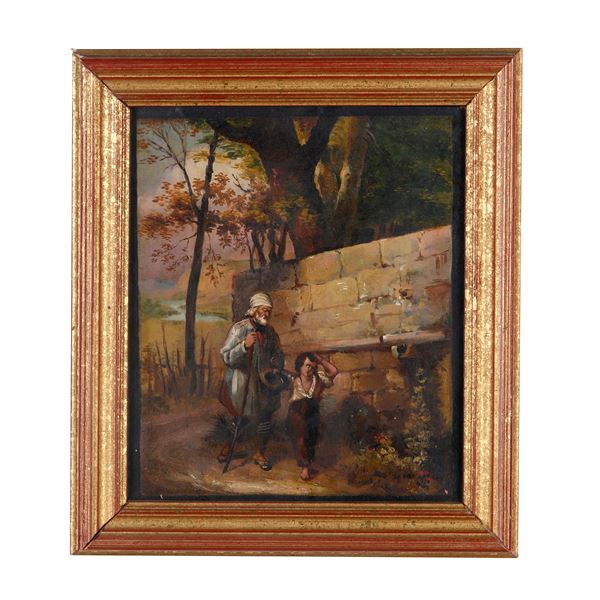 Pittore del XIX secolo Viandanti in paesaggio campestre