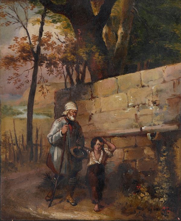 Pittore del XIX secolo Viandanti in paesaggio campestre