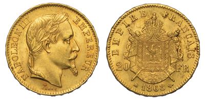 Francia. Napoleon III, 1852-1870. 20 Francs 1868. Strasburgo.