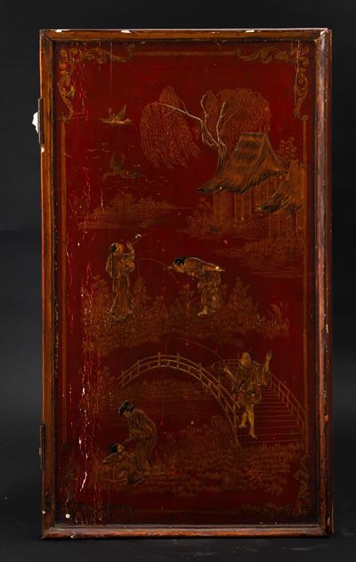 Cina, Dinastia Qing (XIX secolo), Coppia di pannelli in legno laccato con scene di vita comune