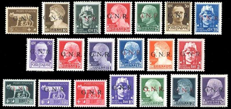 1944, Repubblica Sociale “G.N.R.”, serie “Imperiale” con soprastampa del I Tipo, 20 valori  - Asta Storia Postale e Filatelia - Cambi Casa d'Aste