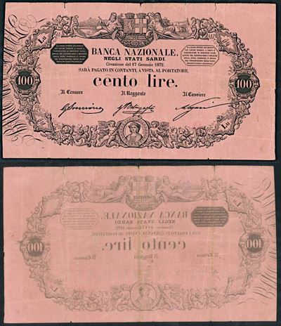 Regno D’italia. Vittorio Emanuele II di Savoia, 1861-1878. Banca Nazionale negli Stati Sardi. 100...