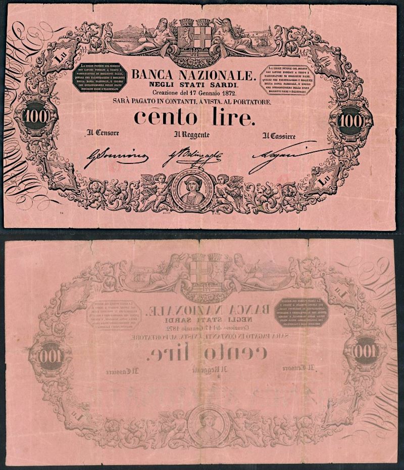 REGNO D’ITALIA. VITTORIO EMANUELE II DI SAVOIA, 1861-1878. BANCA NAZIONALE NEGLI STATI SARDI. 100 Lire 17/01/1872.  - Asta Numismatica - I - Cambi Casa d'Aste
