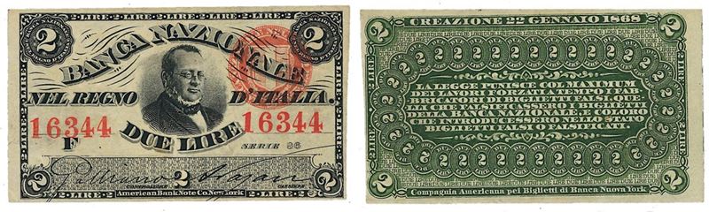 REGNO D’ITALIA. VITTORIO EMANUELE II DI SAVOIA, 1861-1878. BANCA NAZIONALE NEL REGNO. 2 Lire 22/01/1868.  - Asta Numismatica - I - Cambi Casa d'Aste