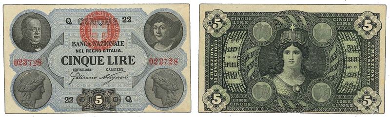 REGNO D’ITALIA. VITTORIO EMANUELE II DI SAVOIA, 1861-1878. BANCA NAZIONALE NEL REGNO. 5 Lire 15/01/1873.  - Asta Numismatica - I - Cambi Casa d'Aste