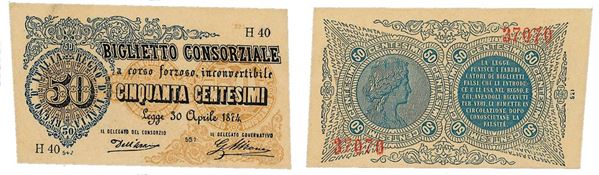 REGNO D’ITALIA. VITTORIO EMANUELE II DI SAVOIA, 1861-1878. BANCA NAZIONALE NEL REGNO. 50 Centesimi biglietto consorziale 30/04/1874.