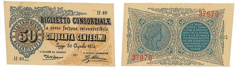 REGNO D’ITALIA. VITTORIO EMANUELE II DI SAVOIA, 1861-1878. BANCA NAZIONALE NEL REGNO. 50 Centesimi biglietto consorziale 30/04/1874.  - Asta Numismatica - I - Cambi Casa d'Aste