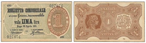 REGNO D’ITALIA. VITTORIO EMANUELE II DI SAVOIA, 1861-1878. BANCA NAZIONALE NEL REGNO. Lira biglietto consorziale 30/04/1874.
