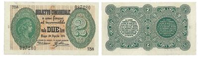 Regno D’italia. Vittorio Emanuele II di Savoia, 1861-1878. Banca Nazionale nel Regno. 2 Lire Bigl...